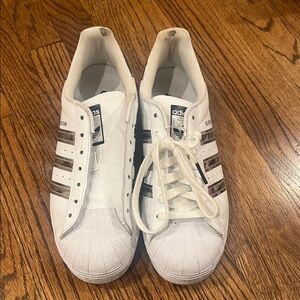 Adidas Superstar White Shoes with Metallic Stripes